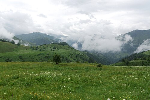Landscape in Georgia, abudelauri valley under clouds early summer