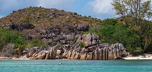 Landscape in Seychelles, granite rocks coast curieuse island
