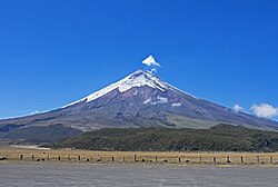 The mountain Cotopaxi, national park seen parking lot laguna de limpiopungo