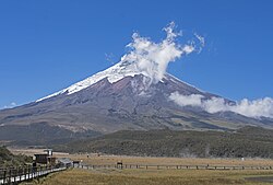 The mountain Cotopaxi, national park seen trail around laguna de limpiopungo